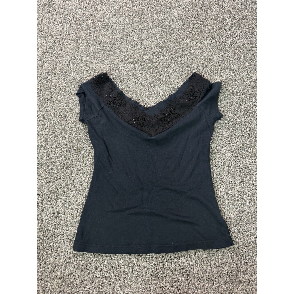 Vintage Y2K Fang Baby T Shirt Women's Size Medium Black Grunge Lace Trim